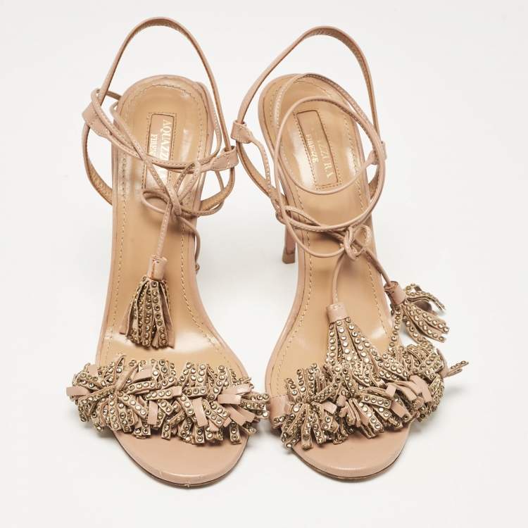 Pre Owned Aquazzura Pink Leather Embellished Wild Thing Sandals Size 39
