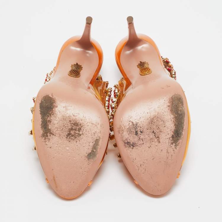 Pre Owned Aquazzura Orange Leather and PVC Crystal Embellished Temptation Pumps Size 38
