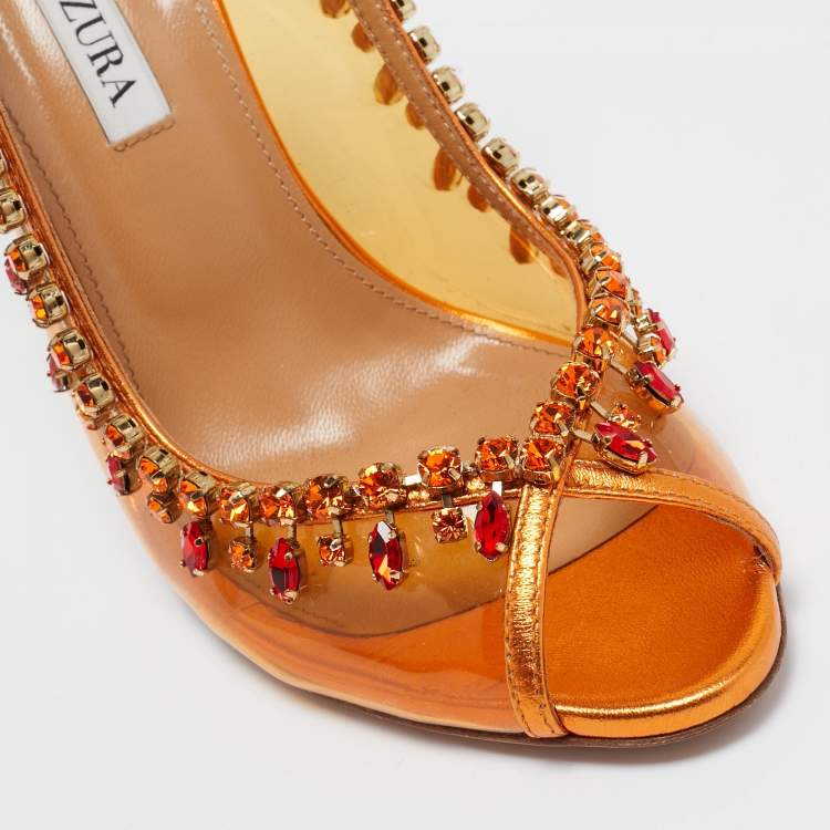 Pre Owned Aquazzura Orange Leather and PVC Crystal Embellished Temptation Pumps Size 38