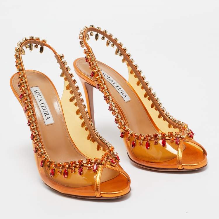 Pre Owned Aquazzura Orange Leather and PVC Crystal Embellished Temptation Pumps Size 38