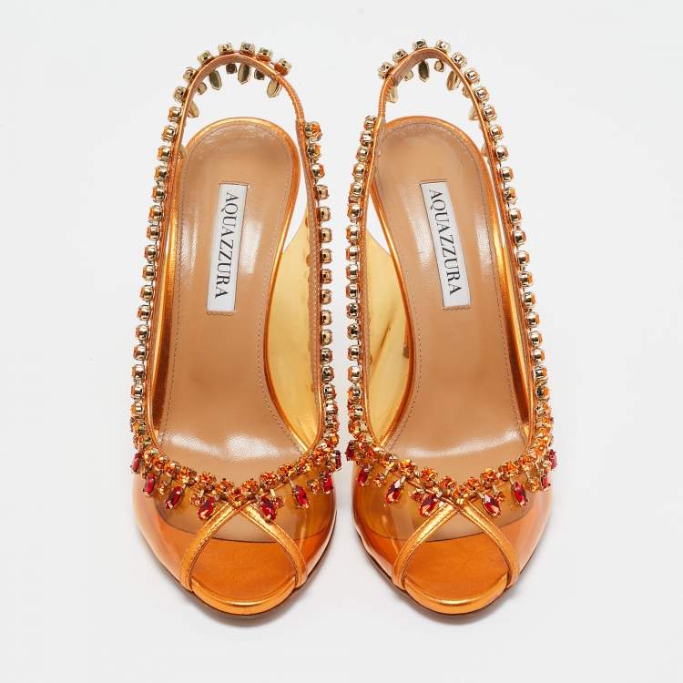Pre Owned Aquazzura Orange Leather and PVC Crystal Embellished Temptation Pumps Size 38