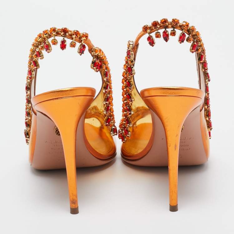 Pre Owned Aquazzura Orange Leather and PVC Crystal Embellished Temptation Pumps Size 38