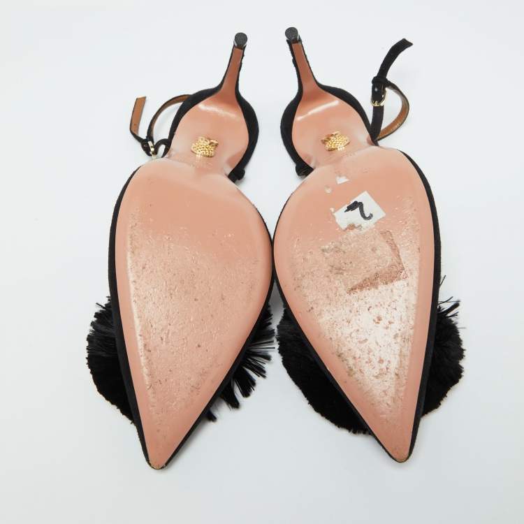 Pre Owned Aquazzura Black Suede Powder Puff Pointed Toe Slingback Sandals Size 40