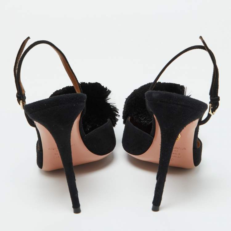 Pre Owned Aquazzura Black Suede Powder Puff Pointed Toe Slingback Sandals Size 40