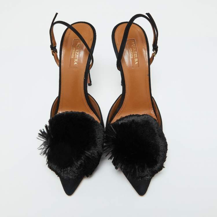 Pre Owned Aquazzura Black Suede Powder Puff Pointed Toe Slingback Sandals Size 40