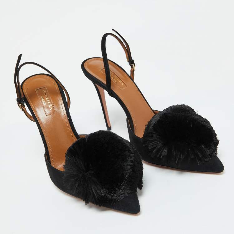 Pre Owned Aquazzura Black Suede Powder Puff Pointed Toe Slingback Sandals Size 40