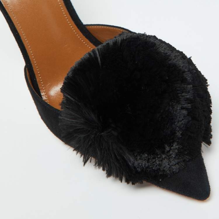 Pre Owned Aquazzura Black Suede Powder Puff Pointed Toe Slingback Sandals Size 40