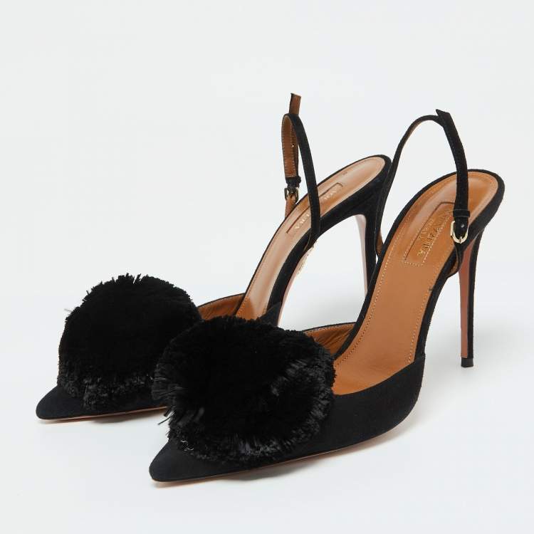 Pre Owned Aquazzura Black Suede Powder Puff Pointed Toe Slingback Sandals Size 40