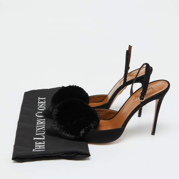 Pre Owned Aquazzura Black Suede Powder Puff Pointed Toe Slingback Sandals Size 40