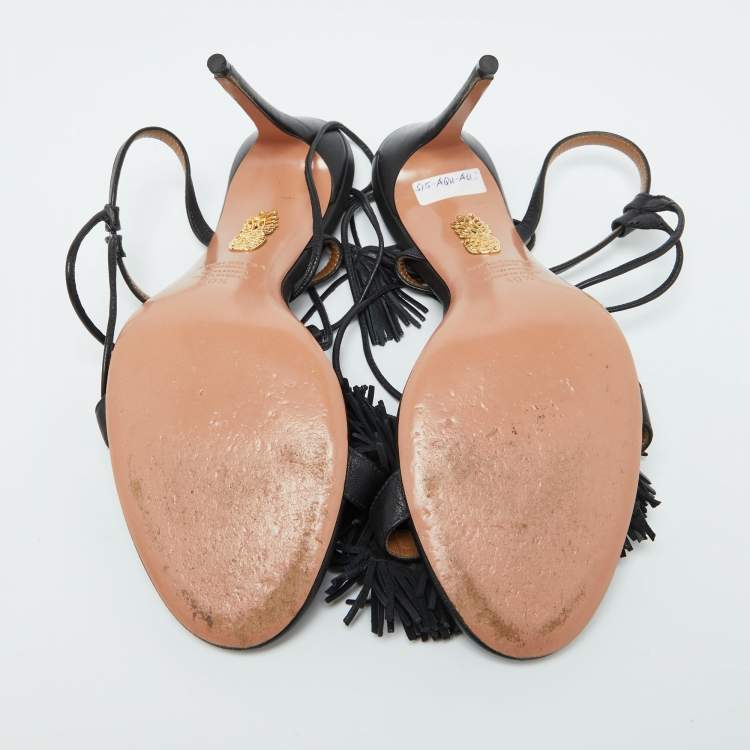 مملوكة مسبقًا Aquazzura Black Leather Wild Thing Ankle Strap Sandals Size 40.5