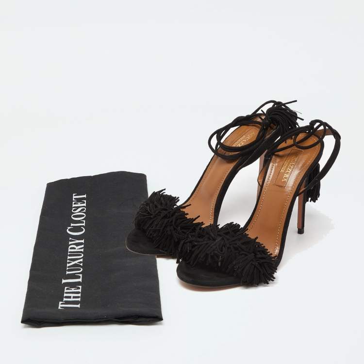 مملوكة مسبقًا Aquazzura Black Leather Wild Thing Ankle Strap Sandals Size 40.5