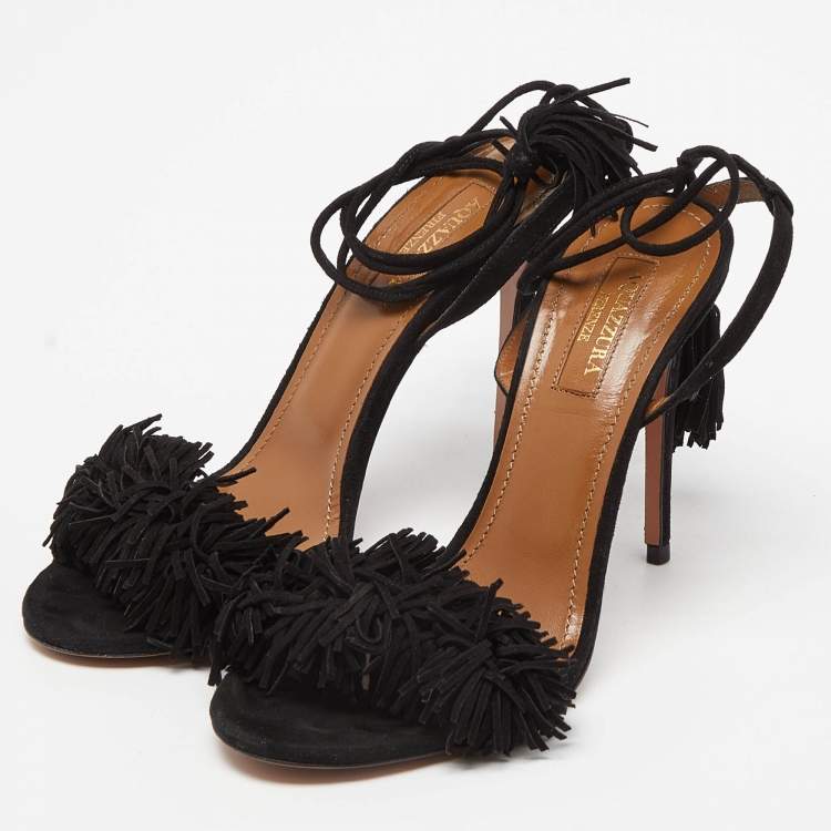 مملوكة مسبقًا Aquazzura Black Leather Wild Thing Ankle Strap Sandals Size 40.5