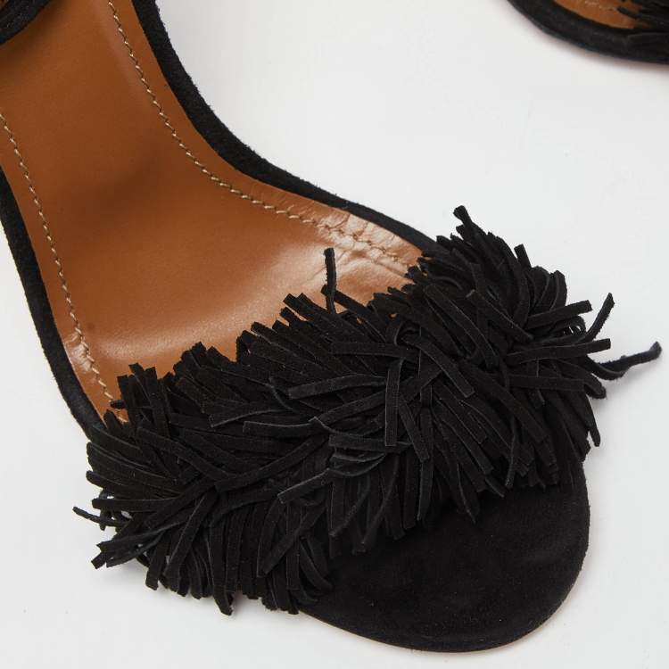 مملوكة مسبقًا Aquazzura Black Leather Wild Thing Ankle Strap Sandals Size 40.5