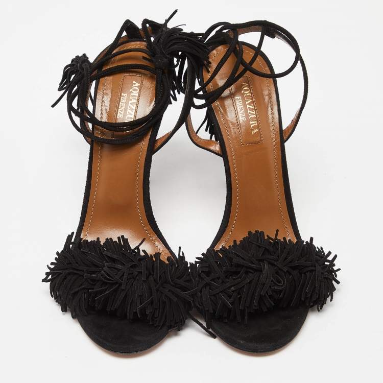مملوكة مسبقًا Aquazzura Black Leather Wild Thing Ankle Strap Sandals Size 40.5