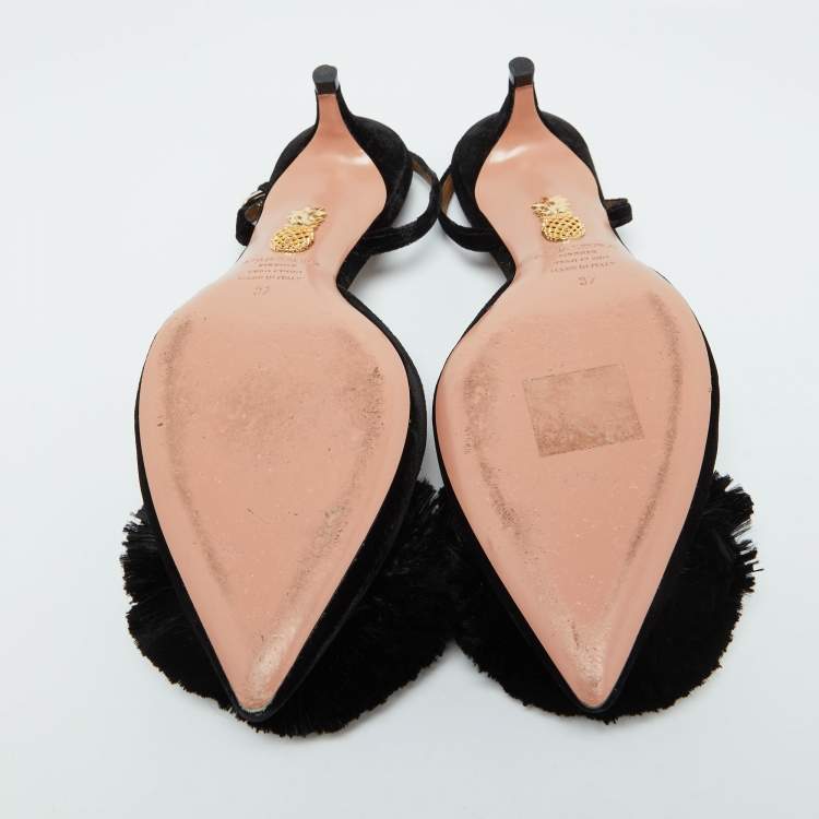 Pre Owned Aquazzura Black Velvet Powder Puff Pointed Toe Slingback Sandals Size 37