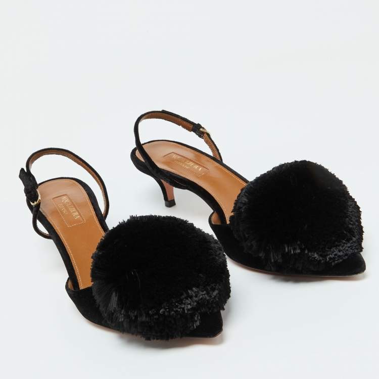Pre Owned Aquazzura Black Velvet Powder Puff Pointed Toe Slingback Sandals Size 37