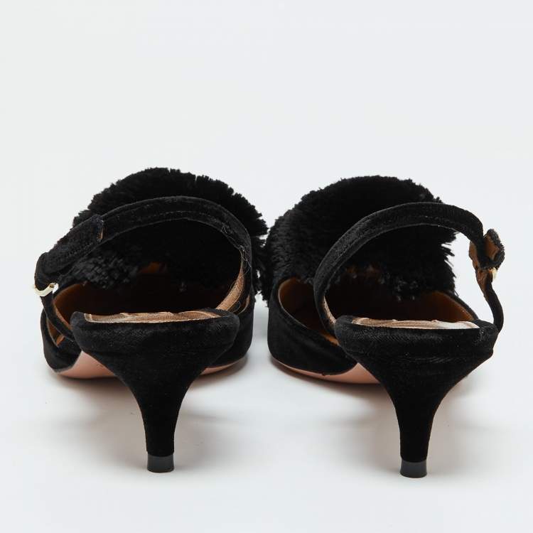 Pre Owned Aquazzura Black Velvet Powder Puff Pointed Toe Slingback Sandals Size 37