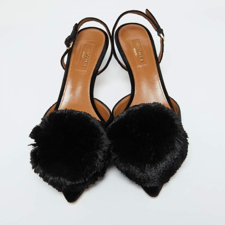 Pre Owned Aquazzura Black Velvet Powder Puff Pointed Toe Slingback Sandals Size 37