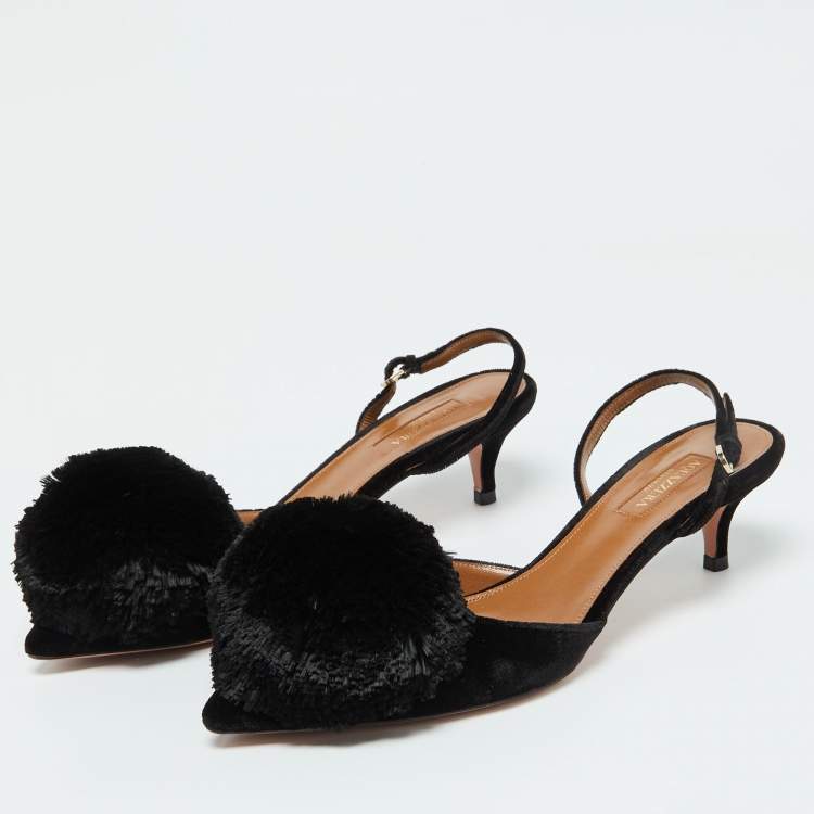 Pre Owned Aquazzura Black Velvet Powder Puff Pointed Toe Slingback Sandals Size 37