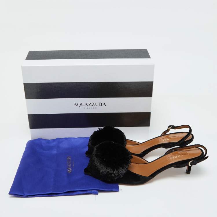 Pre Owned Aquazzura Black Velvet Powder Puff Pointed Toe Slingback Sandals Size 37