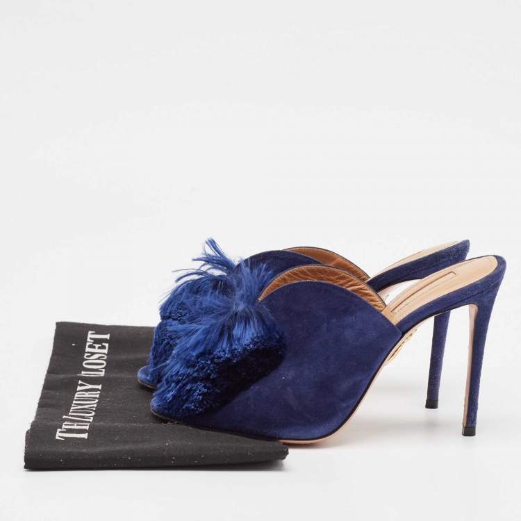 Pre Owned Aquazzura Navy Blue Suede Lotus Blossom Peep Toe Mules Size 38