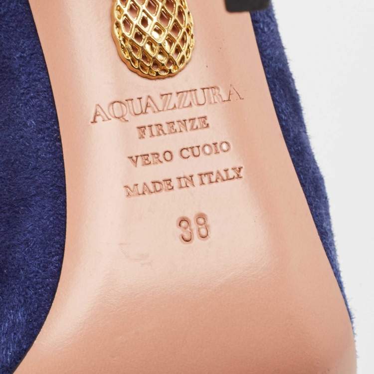 Pre Owned Aquazzura Navy Blue Suede Lotus Blossom Peep Toe Mules Size 38