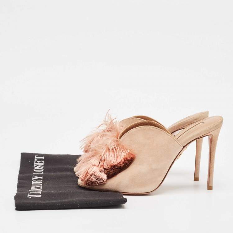 مملوكة مسبقًا Aquazzura Light Pink Suede Lotus Blossom Peep Toe Mules Size 38