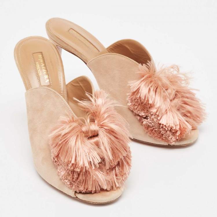 مملوكة مسبقًا Aquazzura Light Pink Suede Lotus Blossom Peep Toe Mules Size 38