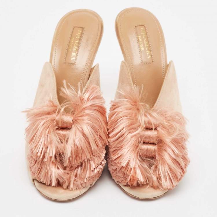 مملوكة مسبقًا Aquazzura Light Pink Suede Lotus Blossom Peep Toe Mules Size 38