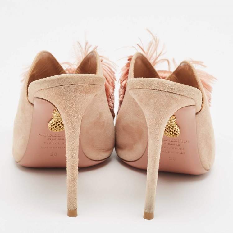 مملوكة مسبقًا Aquazzura Light Pink Suede Lotus Blossom Peep Toe Mules Size 38