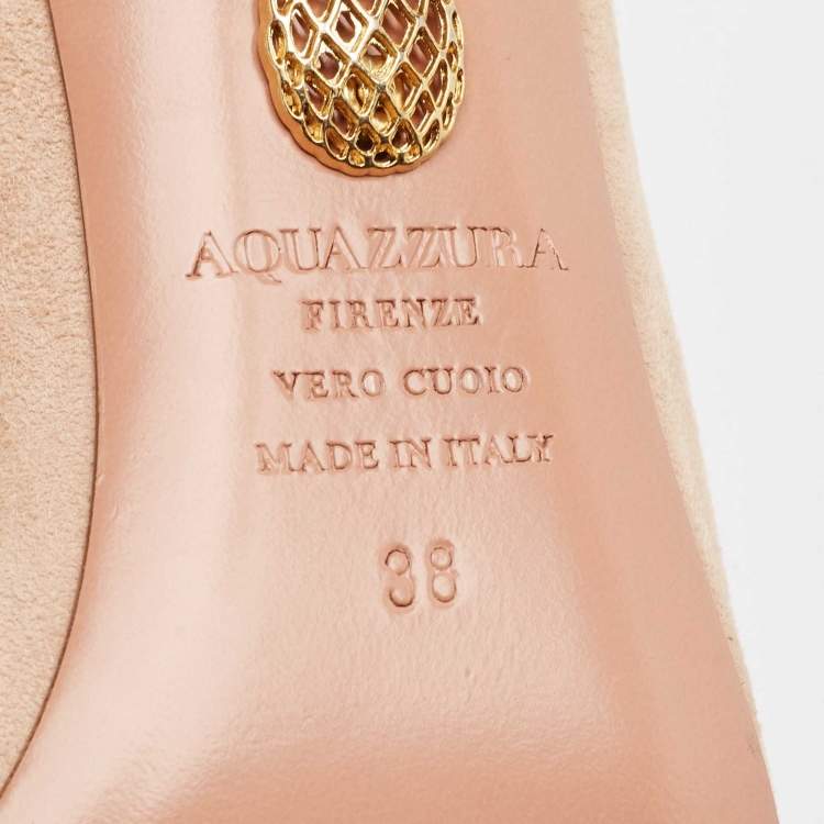 مملوكة مسبقًا Aquazzura Light Pink Suede Lotus Blossom Peep Toe Mules Size 38