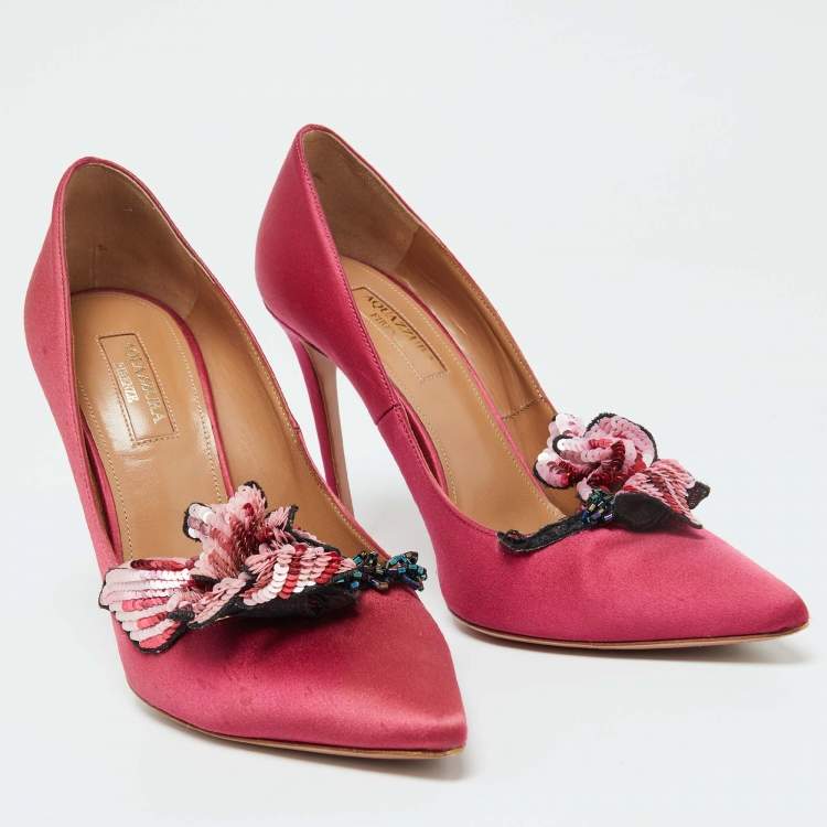 Pre Owned Aquazzura Pink Satin Sequin Embellished Pointed Toe Pumps Size 37.5