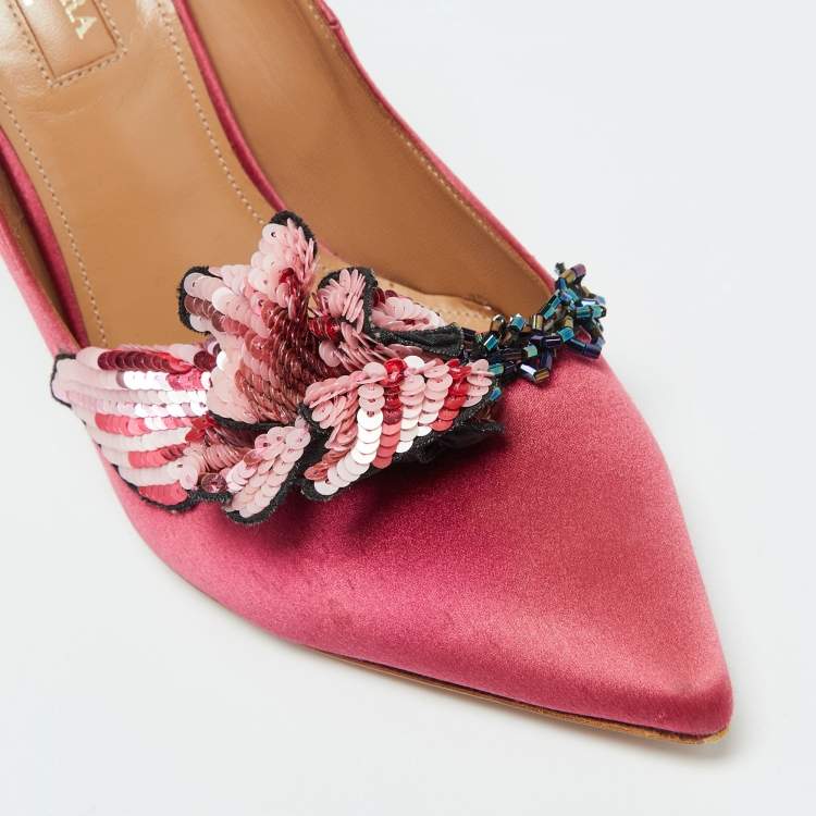Pre Owned Aquazzura Pink Satin Sequin Embellished Pointed Toe Pumps Size 37.5