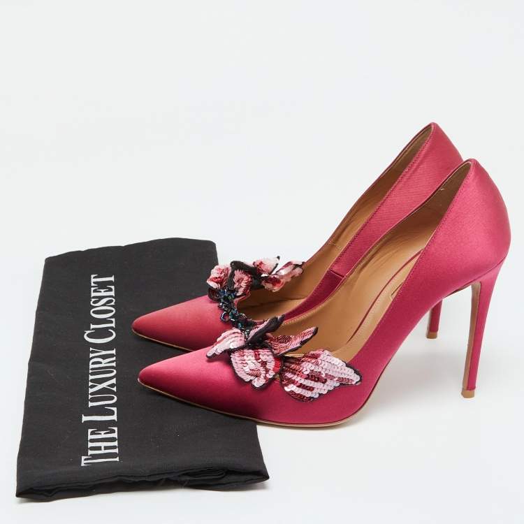 Pre Owned Aquazzura Pink Satin Sequin Embellished Pointed Toe Pumps Size 37.5