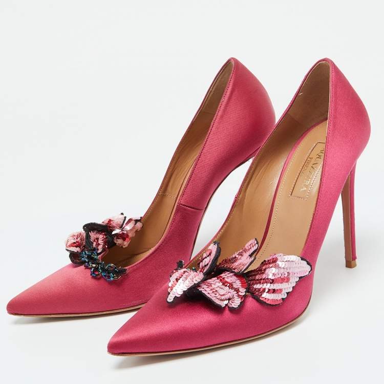 Pre Owned Aquazzura Pink Satin Sequin Embellished Pointed Toe Pumps Size 37.5