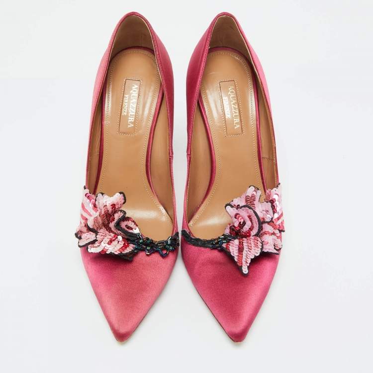 Pre Owned Aquazzura Pink Satin Sequin Embellished Pointed Toe Pumps Size 37.5