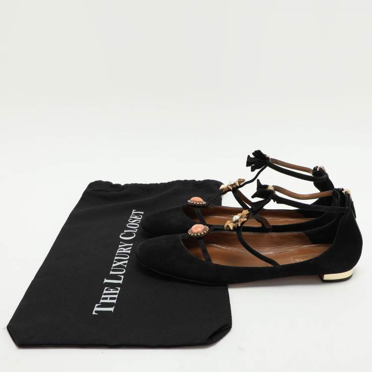مملوكة مسبقًا Aquazzura Black Suede Pandora Embellished Ballet Flats Size 40