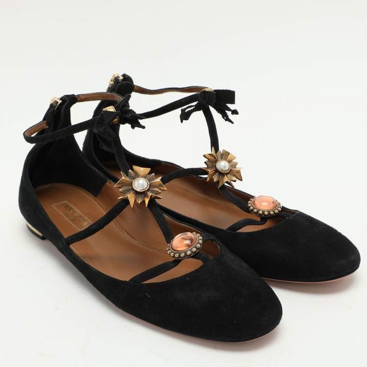 مملوكة مسبقًا Aquazzura Black Suede Pandora Embellished Ballet Flats Size 40