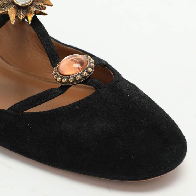 مملوكة مسبقًا Aquazzura Black Suede Pandora Embellished Ballet Flats Size 40