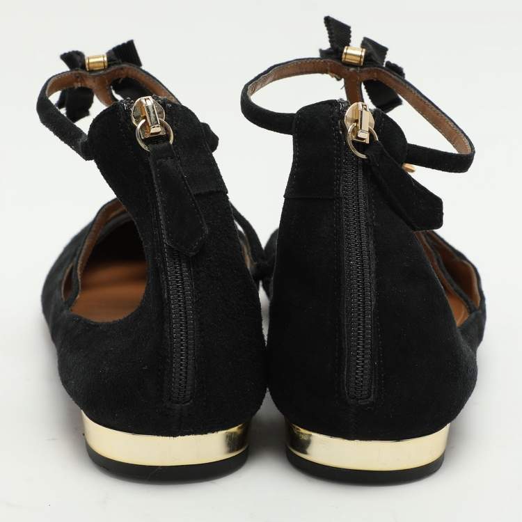 مملوكة مسبقًا Aquazzura Black Suede Pandora Embellished Ballet Flats Size 40