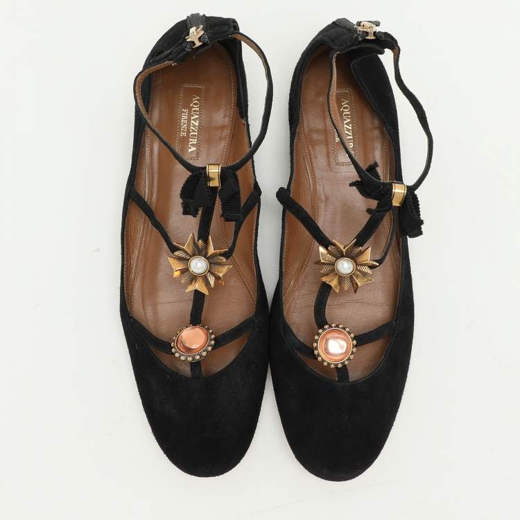 مملوكة مسبقًا Aquazzura Black Suede Pandora Embellished Ballet Flats Size 40