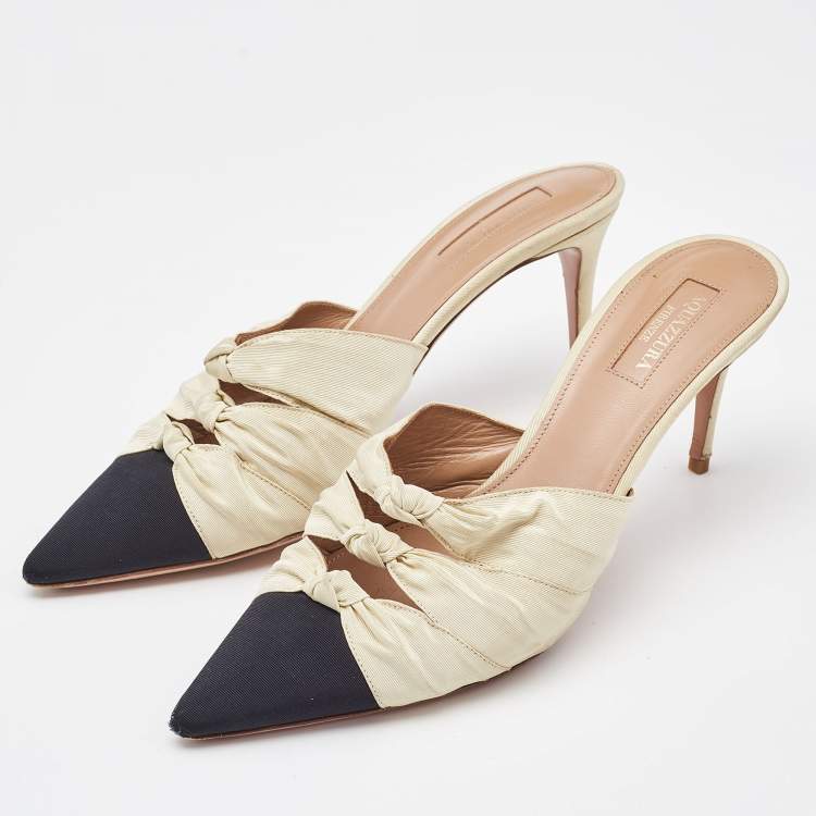Pre Owned Aquazzura Beige/Black Knotted Fabric Mondaine Mules Size 38