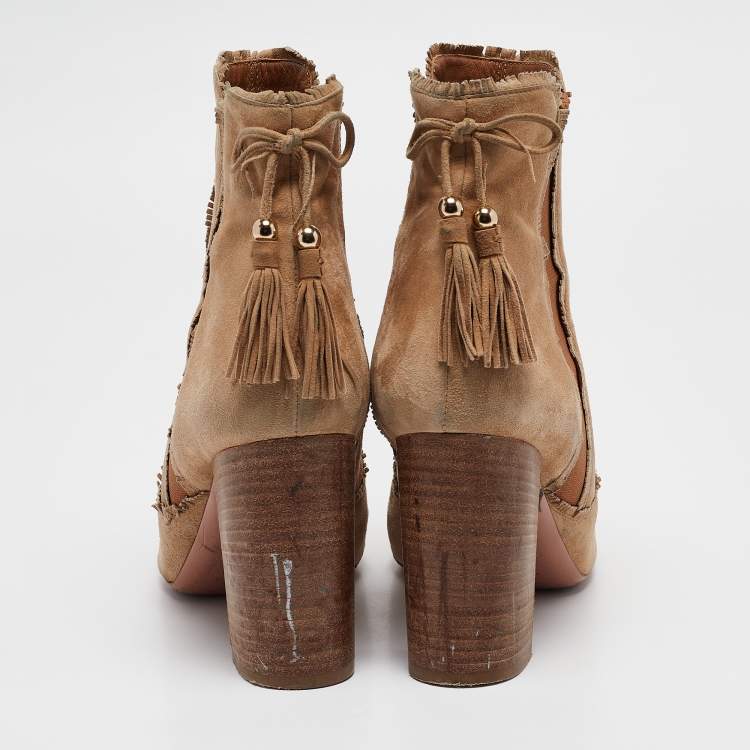 Pre Owned  Aquazzura Brown Suede Tassel Accents  Boots Size 39