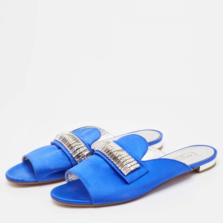 Pre Owned Aquazzura Blue Satin Crystal Embellished Flat Slides Size 38