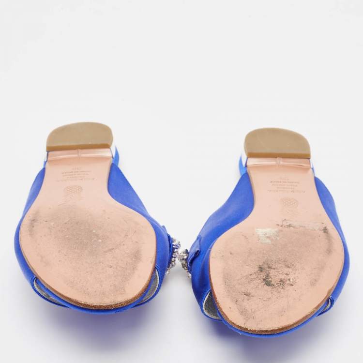 Pre Owned Aquazzura Blue Satin Crystal Embellished Flat Slides Size 38