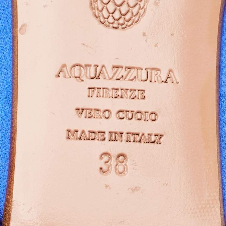 Pre Owned Aquazzura Blue Satin Crystal Embellished Flat Slides Size 38