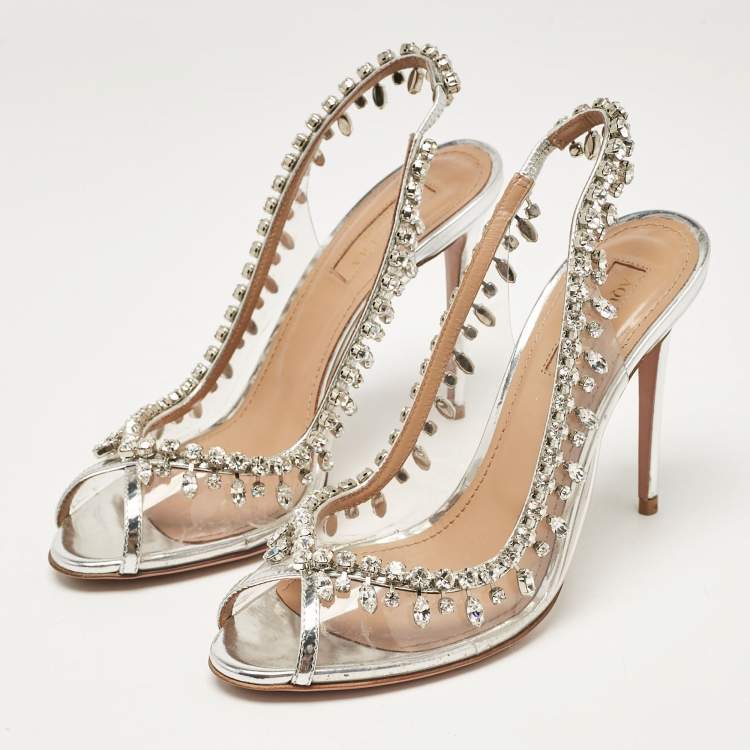 Pre Owned Aquazzura Transparent Leather and PVC Temptation Peep Toe Pumps Size 36.5
