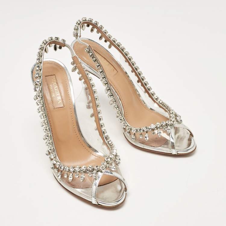 Pre Owned Aquazzura Transparent Leather and PVC Temptation Peep Toe Pumps Size 36.5