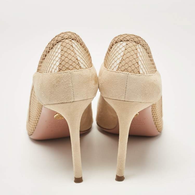 Pre Owned Aquazzura Beige Suede and Mesh Pointed Toe Pumps Size 38.5