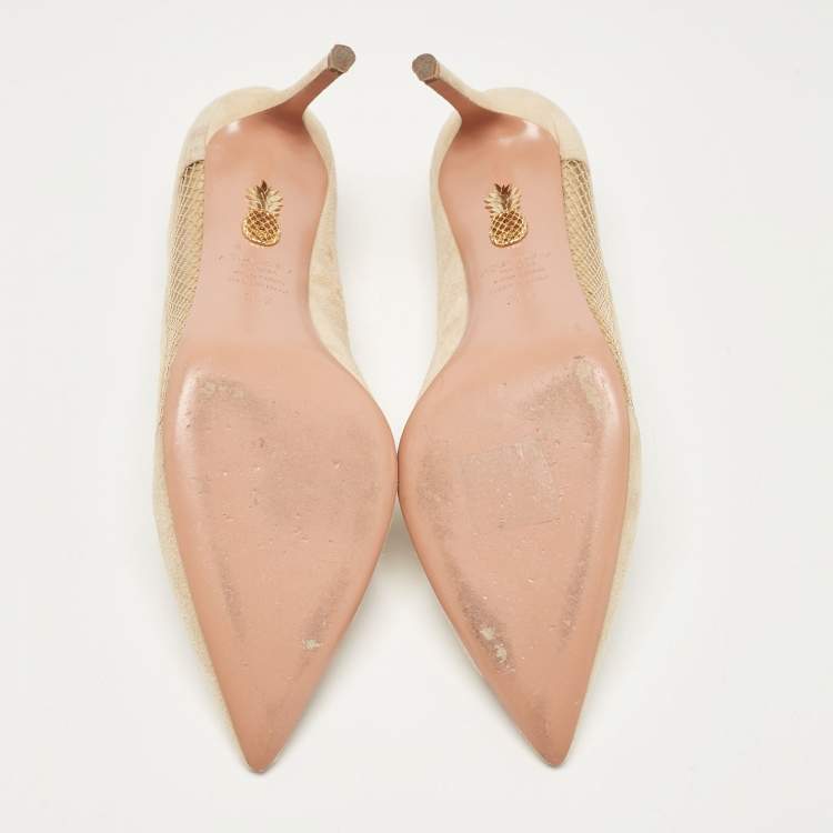 Pre Owned Aquazzura Beige Suede and Mesh Pointed Toe Pumps Size 38.5